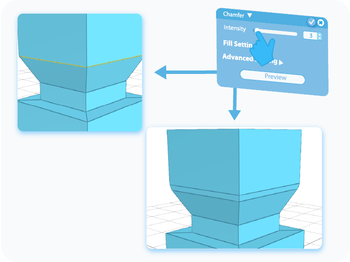 Chamfer the selection region with the Intensity feature with slider or text-box